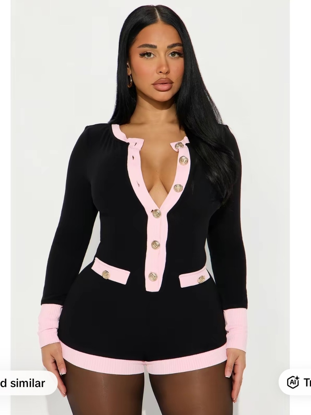 Fashion Nova Black Romper with Pink Trim & Gold Buttons